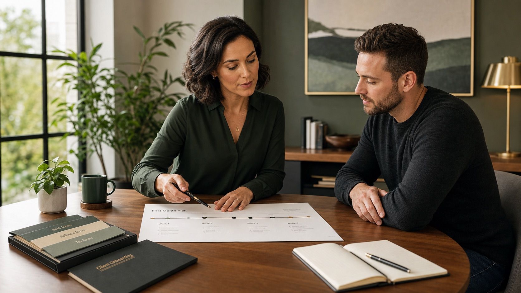 A bookkeeping professional walks a newly accepted client through an organized first-month plan at a conference table.