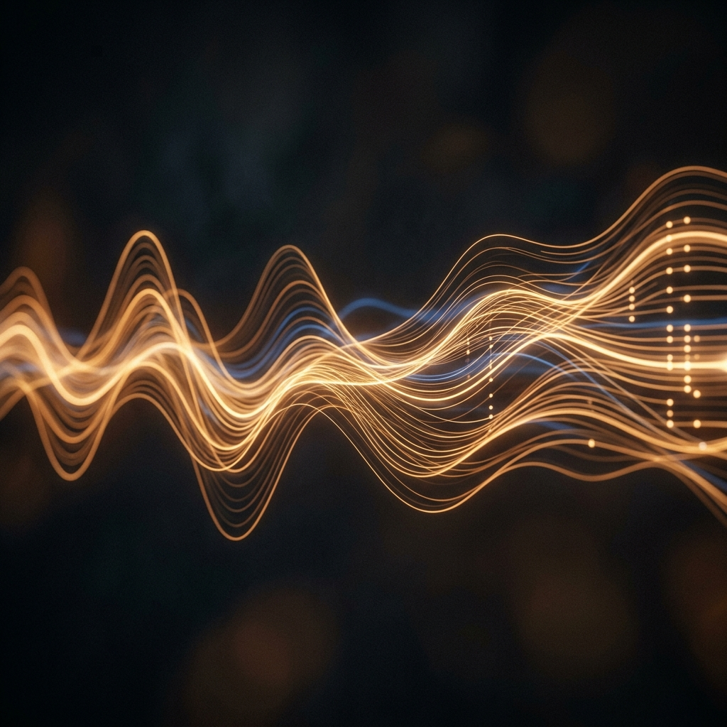 Abstract visualization of warm golden sound waves flowing across a dark background, transitioning into digital data points on the right, representing the technology that converts human voice into digital understanding — the bridge at the core of AI voice receptionist systems