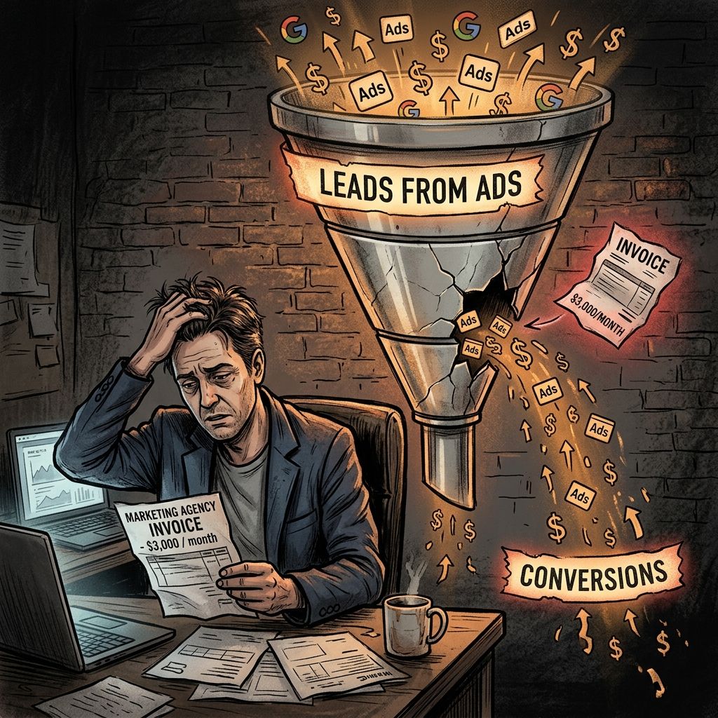Frustrated business owner holding marketing agency invoice while leads spill out of a cracked funnel