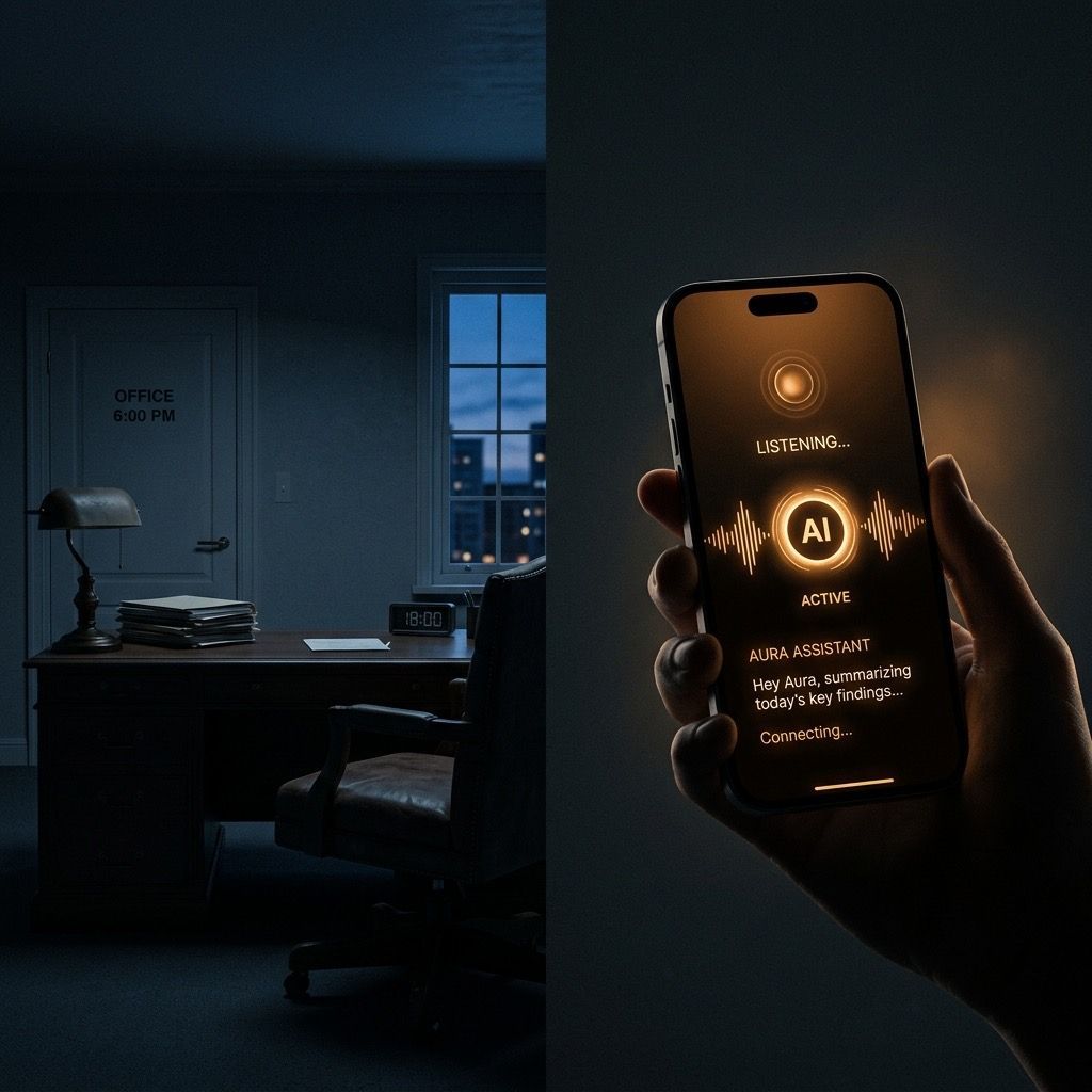 Split comparison: empty dark office at 6PM on the left vs glowing AI voice interface active on a phone on the right , showing the coverage gap between a part-time receptionist and voice AI