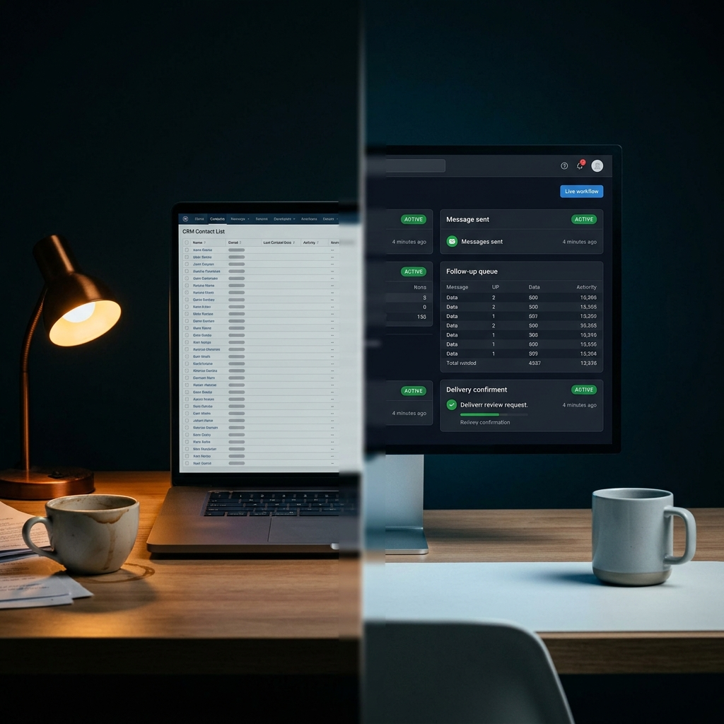 Split-screen editorial photo , left side shows a dormant CRM contact list on a warm amber-lit laptop, right side shows an active AI Business OS dashboard with live sequences running on a clean monitor, illustrating the difference between a memory layer and an execution layer