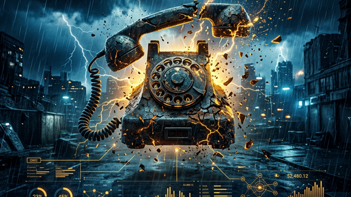 Vintage telephone cracking apart with gold lightning and revenue analytics overlay during a storm, representing water damage emergency dispatch failures