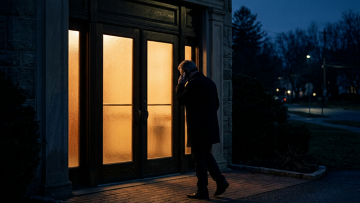 Grieving person in silhouette on phone outside an illuminated funeral home at dusk representing families lost due to unanswered first calls