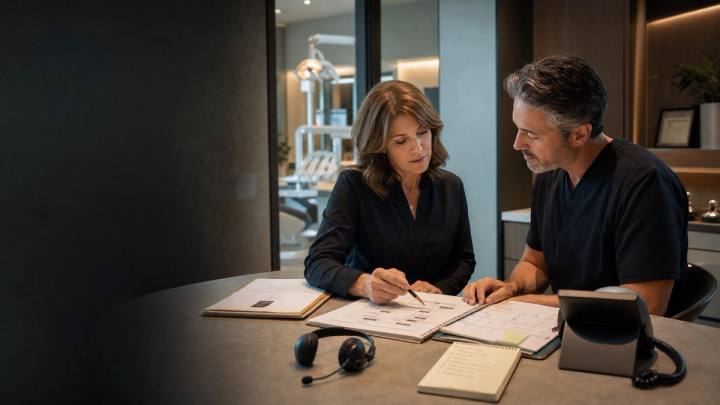 A dental practice administrator and dentist review a patient call path, appointment calendar, escalation notes, headset, and desk phone after clinic hours
