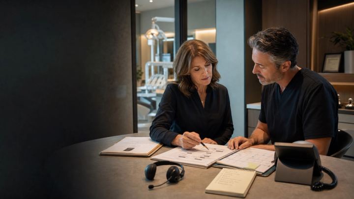 A dental practice administrator and dentist review a patient call path, appointment calendar, escalation notes, headset, and desk phone after clinic hours