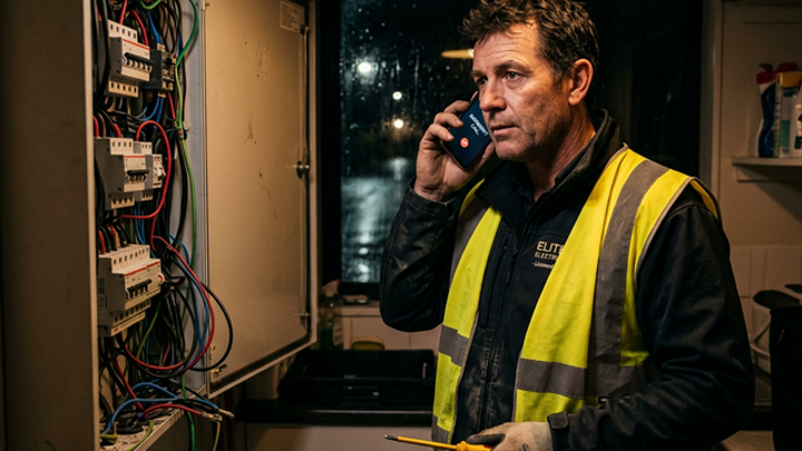 A licensed electrician in a yellow safety vest takes an emergency call while standing at an open electrical panel, tools in hand, dark night visible through the window behind them