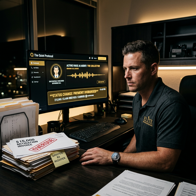 A restoration shop owner checking a gold Quiet Protocol dashboard showing a Voice AI agent successfully securing a payment disbursement on a $15,000 overdue water damage invoice.