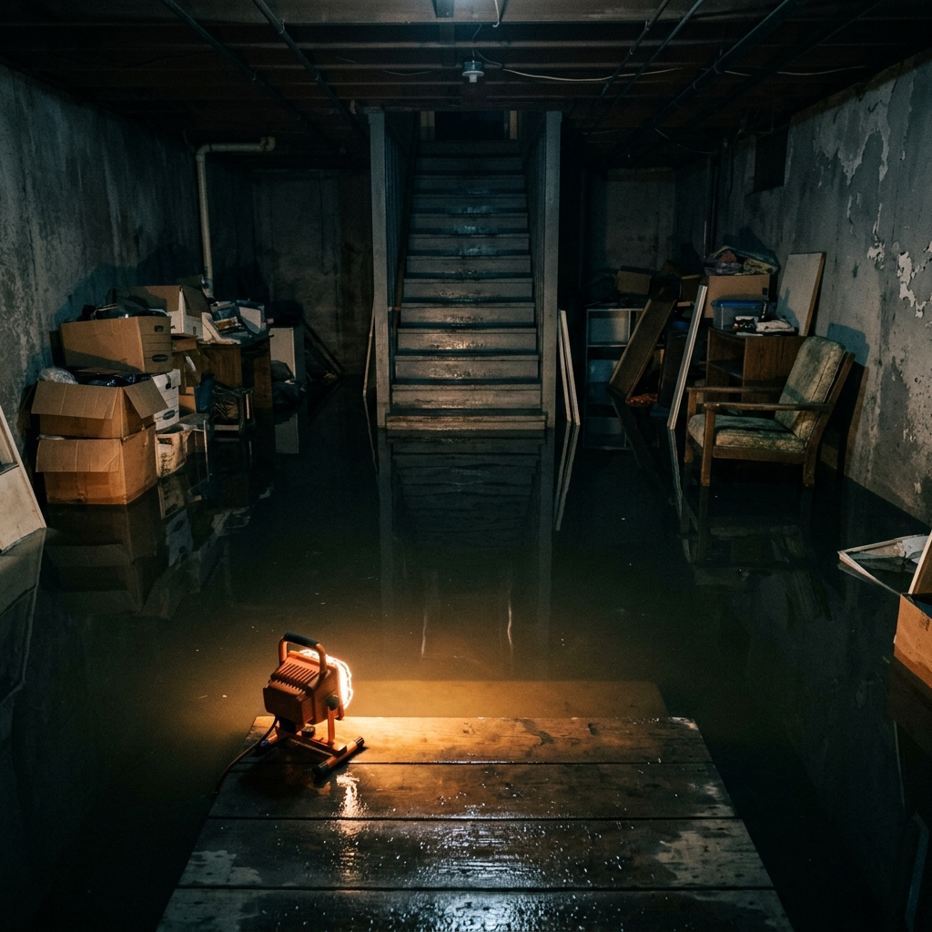 Flooded residential basement at night, dark water covering the concrete floor reflecting the glow of a single orange work light on the stair step, water-damaged boxes pushed to sides, eerily still atmosphere