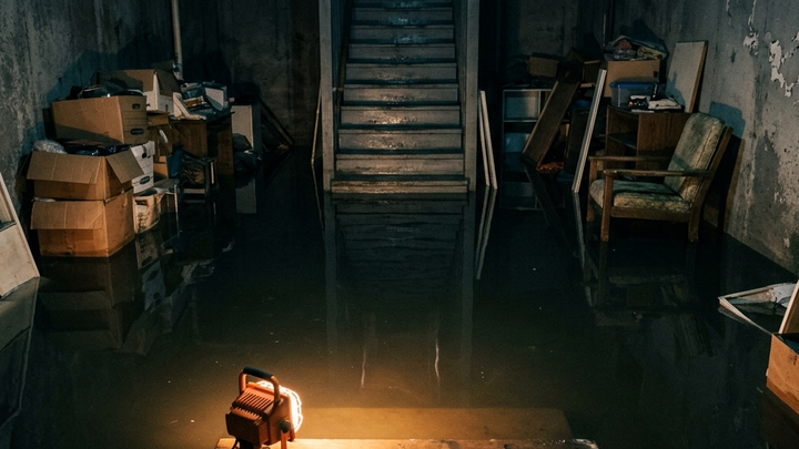 Flooded residential basement at night, dark water covering the concrete floor reflecting the glow of a single orange work light on the stair step, water-damaged boxes pushed to sides, eerily still atmosphere