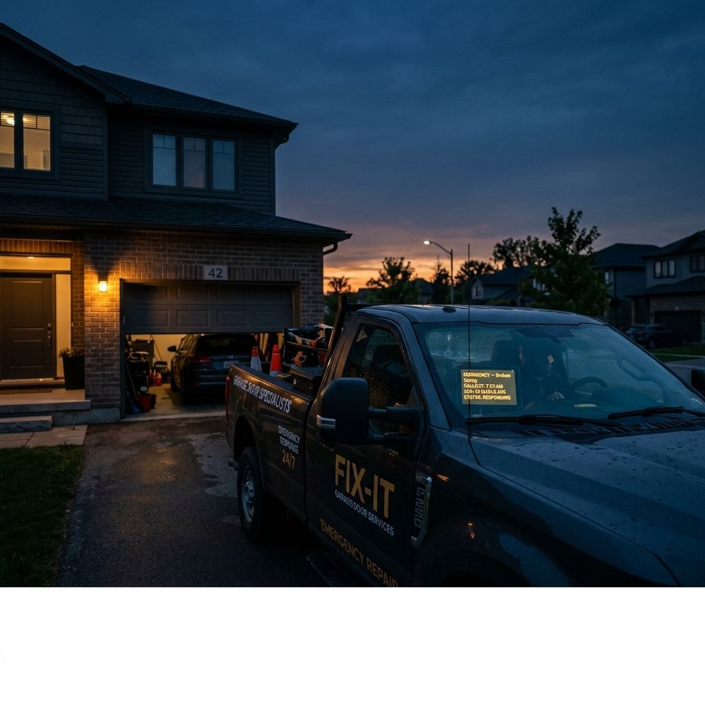 Garage door service truck in residential driveway at dawn , deep blue sky with orange horizon. Cab tablet glows showing EMERGENCY , Broken Spring, 7:02 AM. Garage door stuck halfway open behind. Amber porch light on. The mood: fast professional response, the company that shows up first.