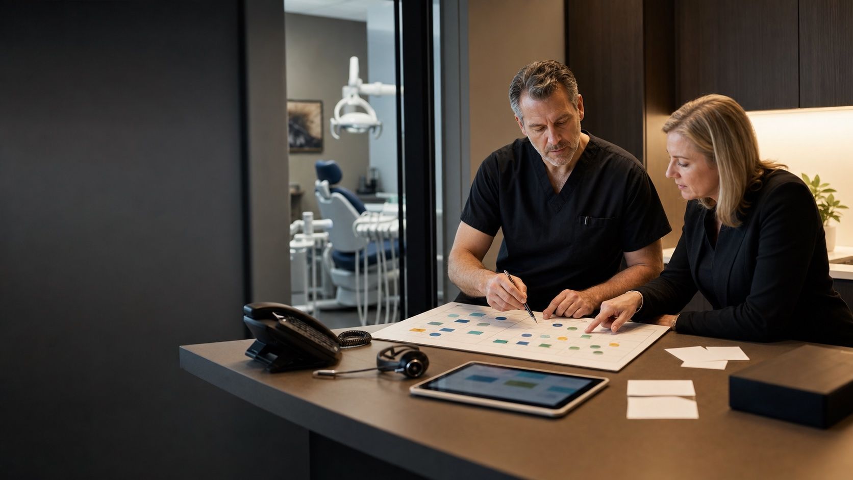 A dentist and practice administrator map patient inquiries, appointments, recall, reviews, and team handoffs on a privacy-safe workflow board