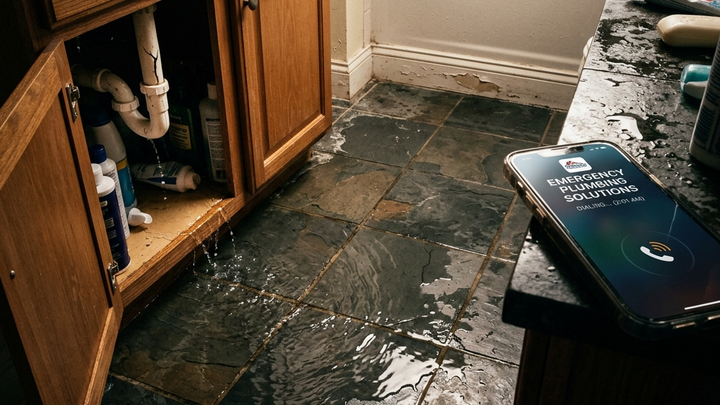A bathroom floor at 2 AM, water spreading across dark tile from a burst pipe under the sink cabinet. A smartphone on the wet counter shows a plumbing company dialing screen. The water is still spreading. Every second without an answer is money bleeding away. No person visible.