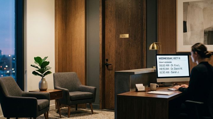 Cinematic dark editorial photograph of a modern therapy practice waiting area