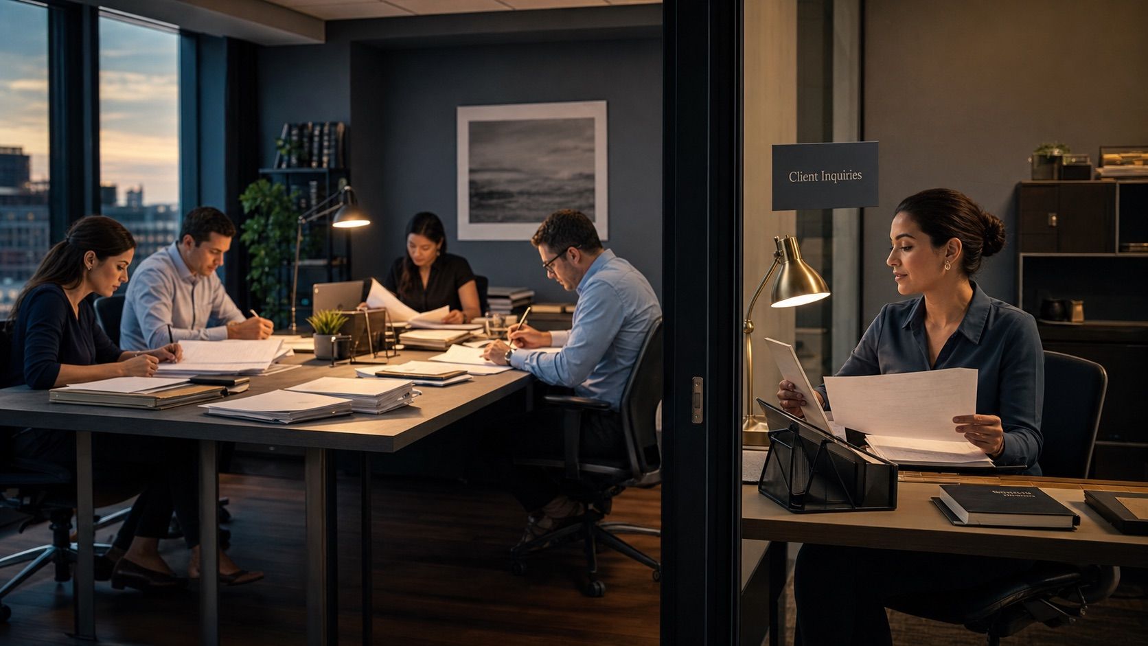 An accounting team works through close week while one designated colleague calmly reviews and routes client inquiries.