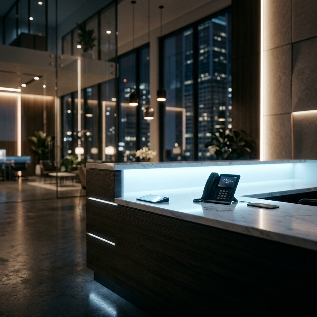 Sleek modern reception desk at night bathed in ethereal blue-white digital glow , staffed by intelligence, not a person, always ready to answer