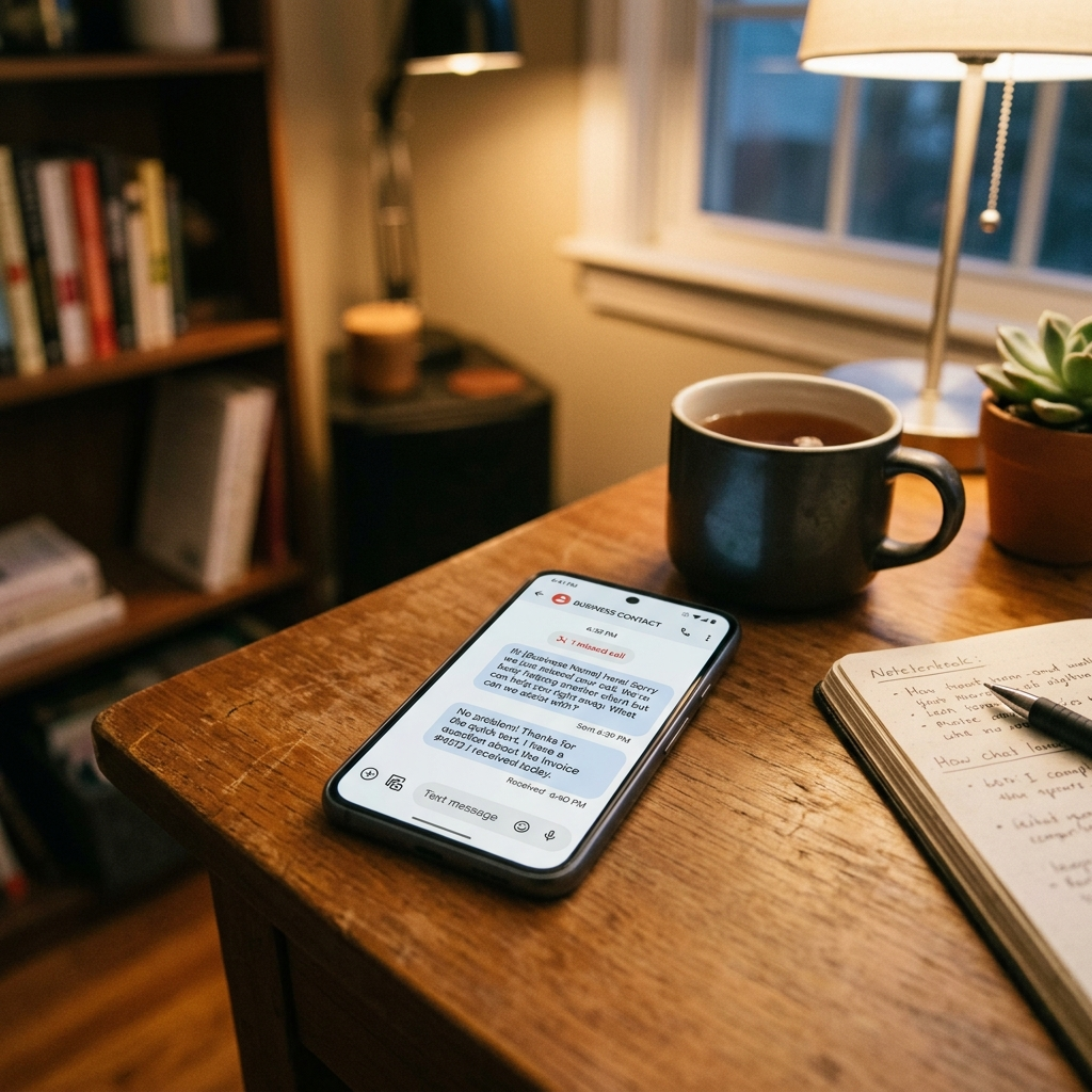 Smartphone on a desk showing a missed call notification alongside an open text message thread showing a business recovery text sent minutes after the missed call with the caller having replied, demonstrating the missed call recovery system