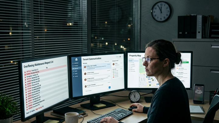 A property manager working late at night at a triple monitor desk showing overflowing maintenance requests, tenant communications, and a property map, with a smartphone showing missed call notifications