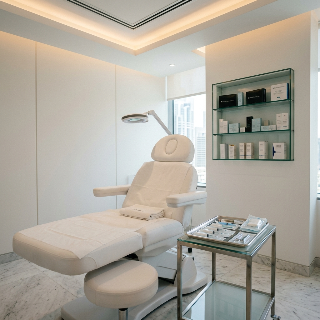 Luxury medical aesthetics treatment room with a white upholstered treatment chair, premium skincare products on a floating shelf, and subtle LED accent lighting, completely empty with no client or technician — communicating the booking gap