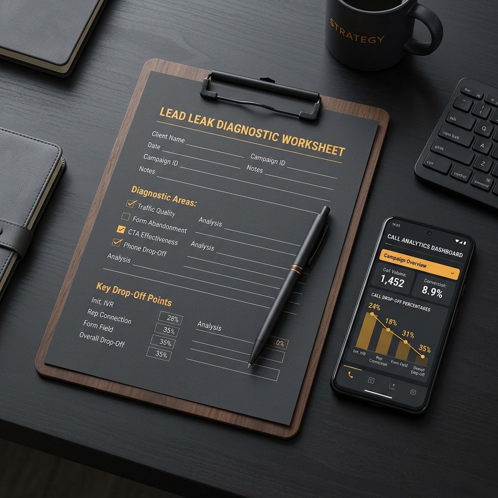 A lead leak diagnostic worksheet clipboard next to a phone showing call analytics , the tools to find where service business leads are disappearing