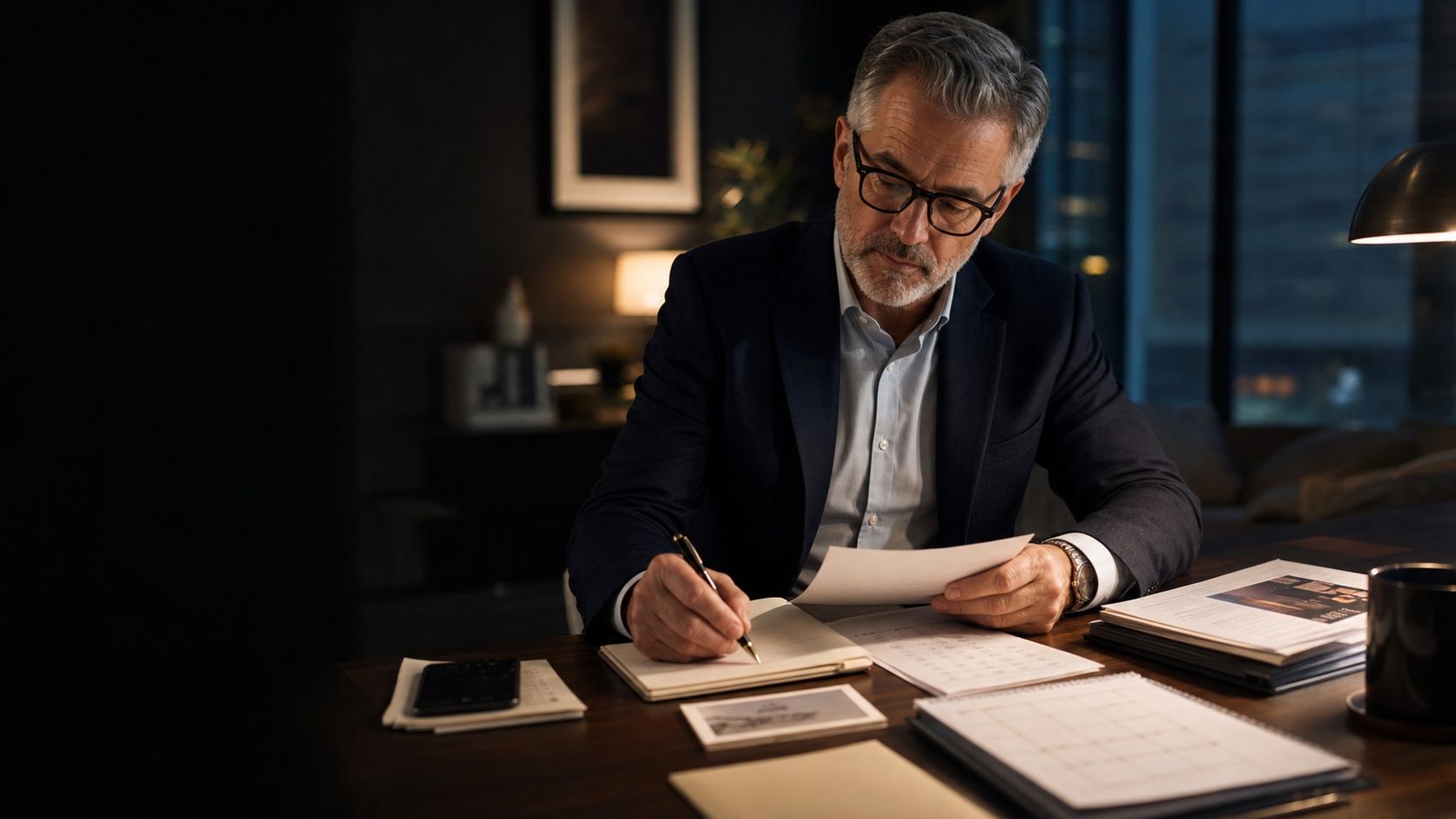 An experienced professional firm leader reviews customer records, appointment notes, and operating evidence after hours