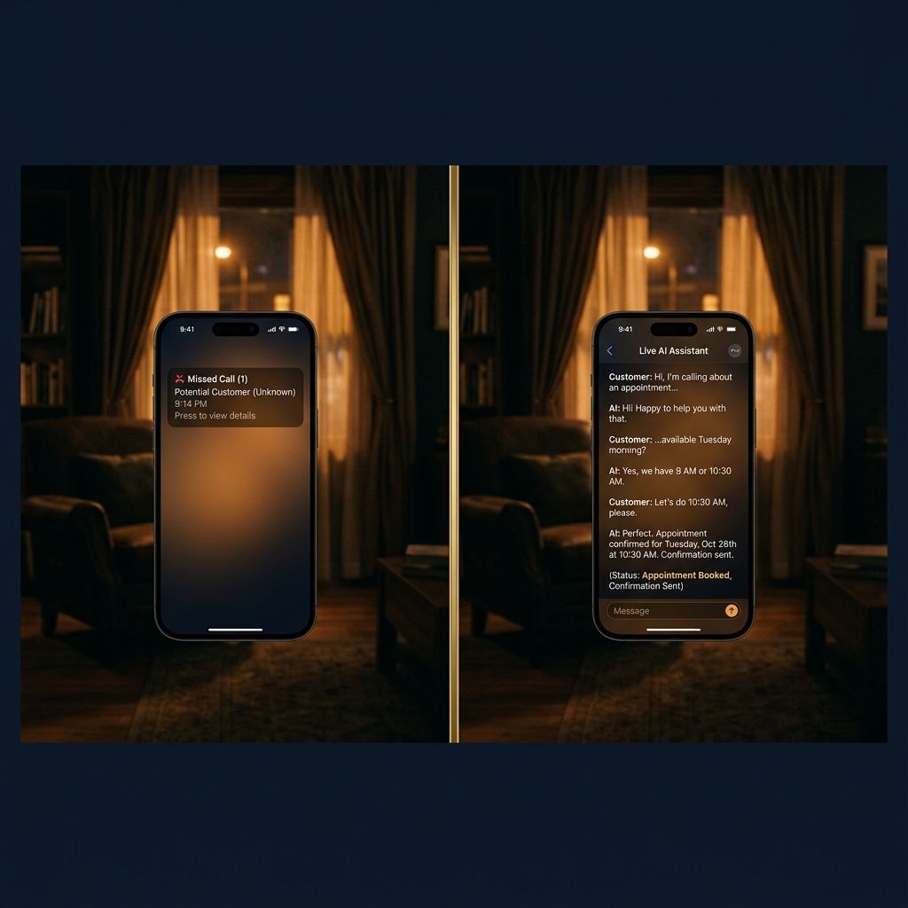 Split image showing a missed call at 9 PM versus an AI Business Operating System handling the same call , appointment booked automatically