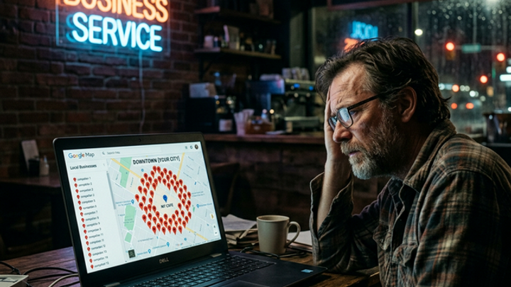 A frustrated service business owner sitting in a dimly lit office, staring at a laptop display showing a cluttered Google Map with intense competitor pins