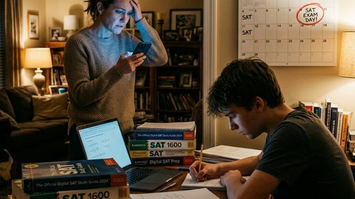 A parent urgently calling a tutoring center at night while their teen studies for SAT exams, SAT prep books stacked on the desk, with exam dates circled on a wall calendar.