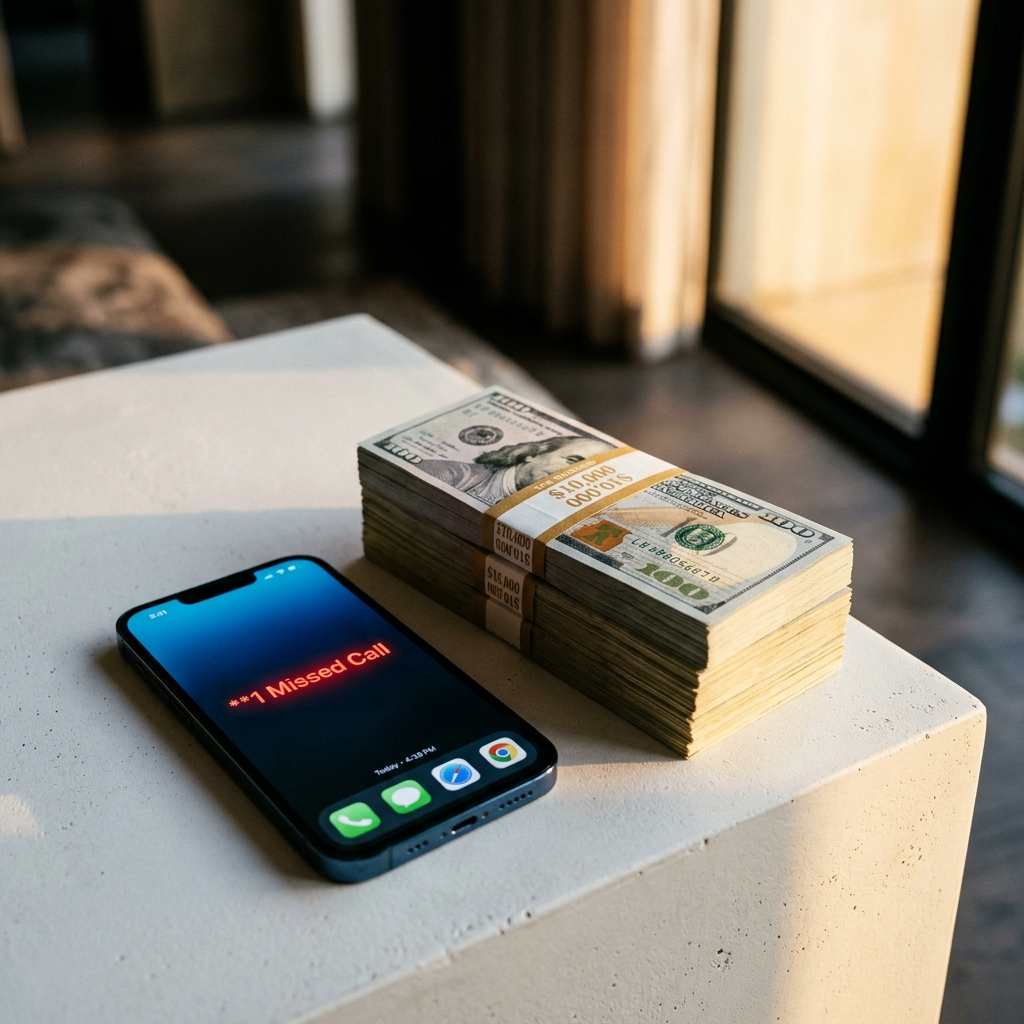 Crisp stack of hundred dollar bills beside a smartphone showing one missed call notification — the direct visual equation of revenue and unanswered opportunity