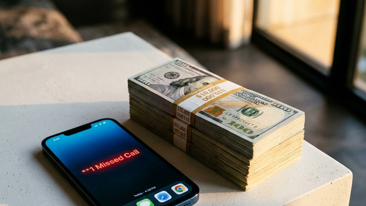 Crisp stack of hundred dollar bills beside a smartphone showing one missed call notification, the direct visual equation of revenue and unanswered opportunity