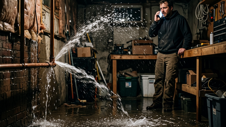 Homeowner on phone watching water spray from a burst copper pipe in a flooded basement, waiting for a plumber to answer