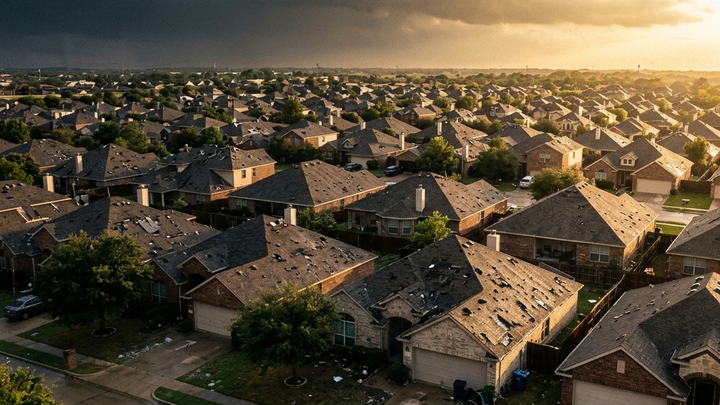 Aerial view of US suburban rooftops after a storm, gold light breaking through storm clouds, representing AI revenue recovery for roofing companies