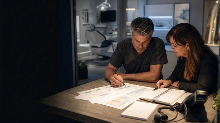 A dentist and practice administrator review a privacy-safe recall schedule, contact-preference checklist, appointment book, desk phone, and headset after clinic hours