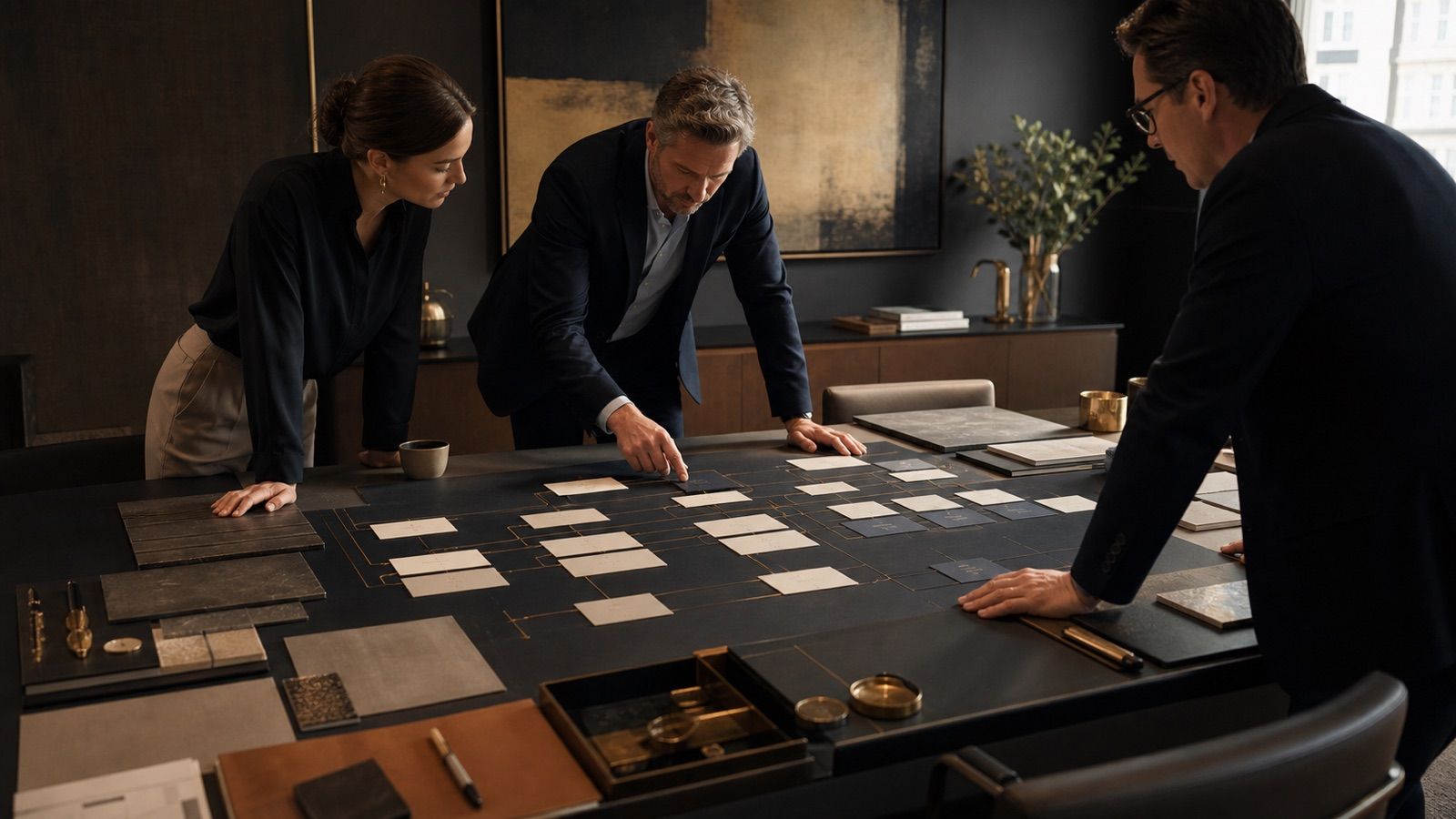 Professional firm team arranges service families, buyer questions, proof, and intake paths into a clear website architecture.