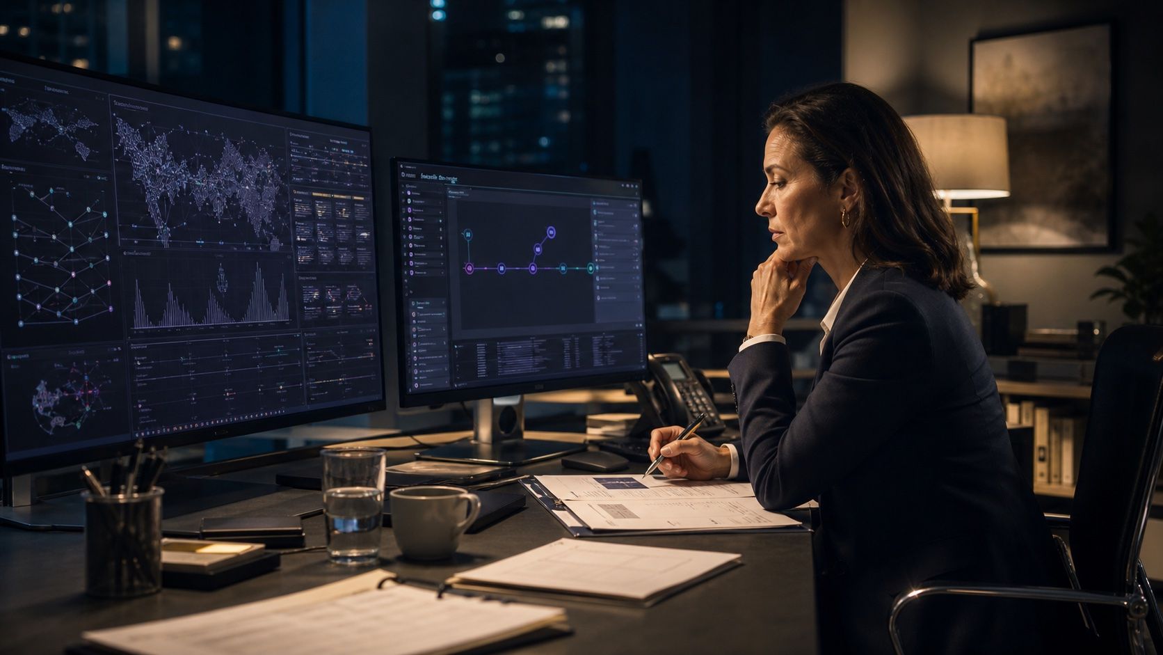 An experienced firm leader reviews connected customer systems and a configured workflow from a premium office at night