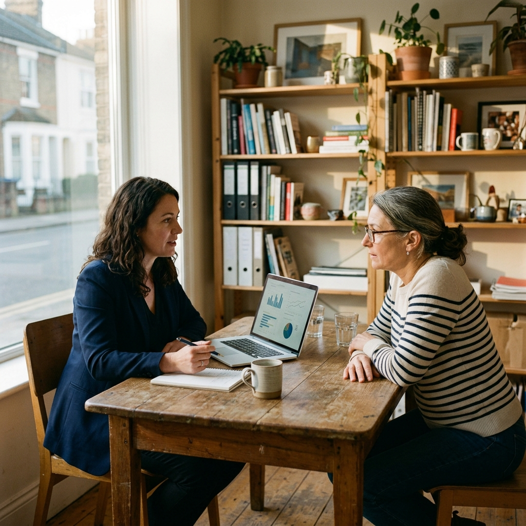 Business consultant and small business owner sitting across from each other at a simple wooden table, laptop with charts open between them, warm afternoon light from side window, intimate diagnostic session