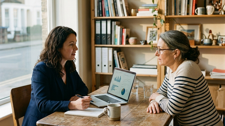 Business consultant and small business owner sitting across from each other at a simple wooden table, laptop with charts open between them, warm afternoon light from side window, intimate diagnostic session