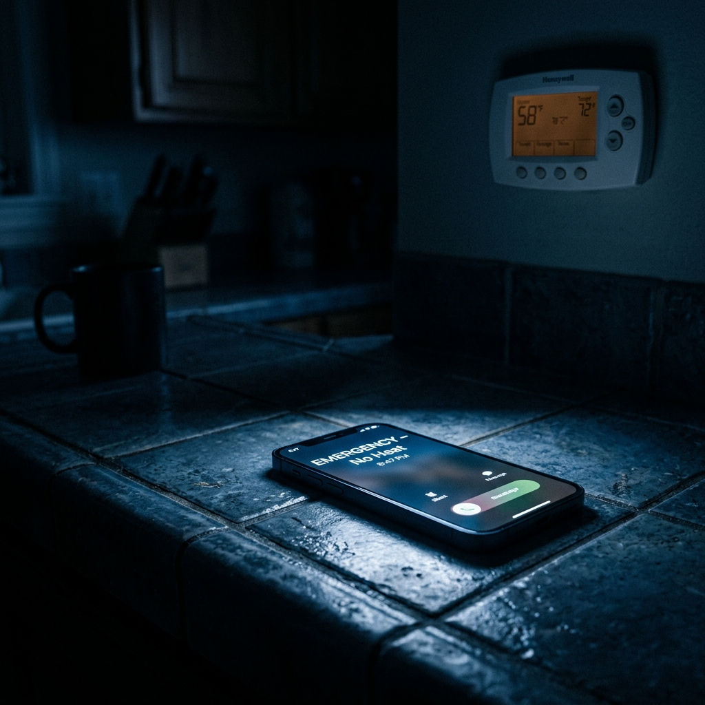 Phone on a kitchen counter at 8:47 PM showing an incoming HVAC emergency call , the moment most HVAC companies lose their highest-intent leads