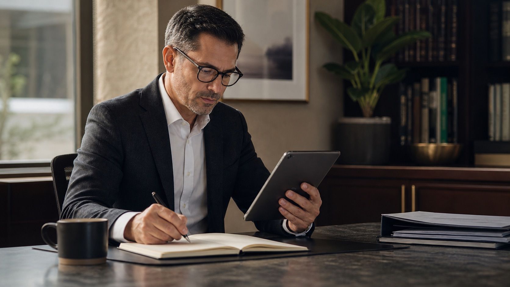 An accounting professional thoughtfully reviews client feedback on a tablet before drafting a careful public response.