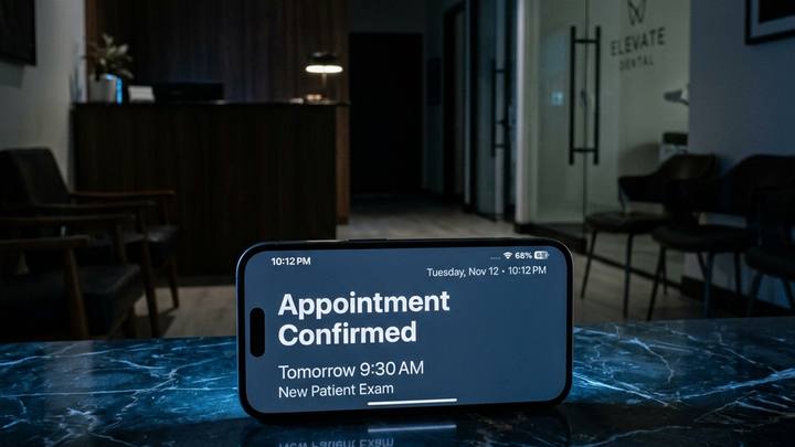 A late-night dental appointment confirmation displayed inside a closed dental practice reception area