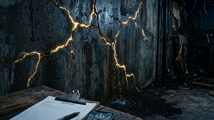 Cracked foundation basement wall with gold-lit hydrostatic pressure fractures and contractor phone showing missed calls representing spring season revenue leak