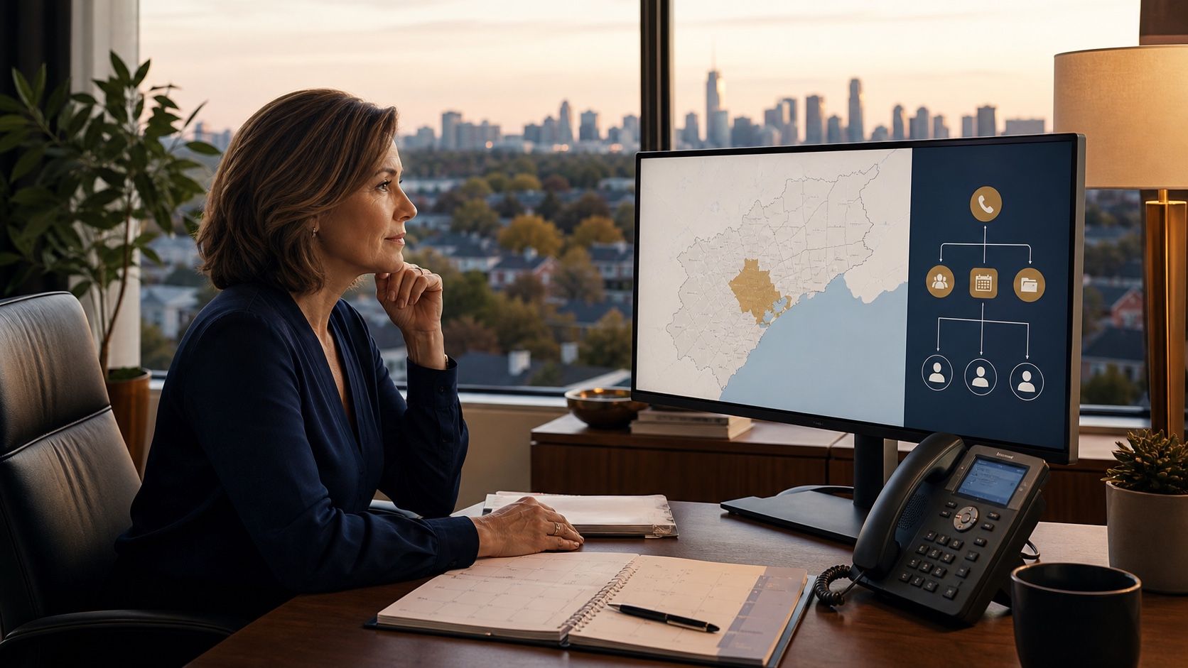 A Greater Toronto Area operations leader reviews a local service map and inbound call-routing path before an AI receptionist launch