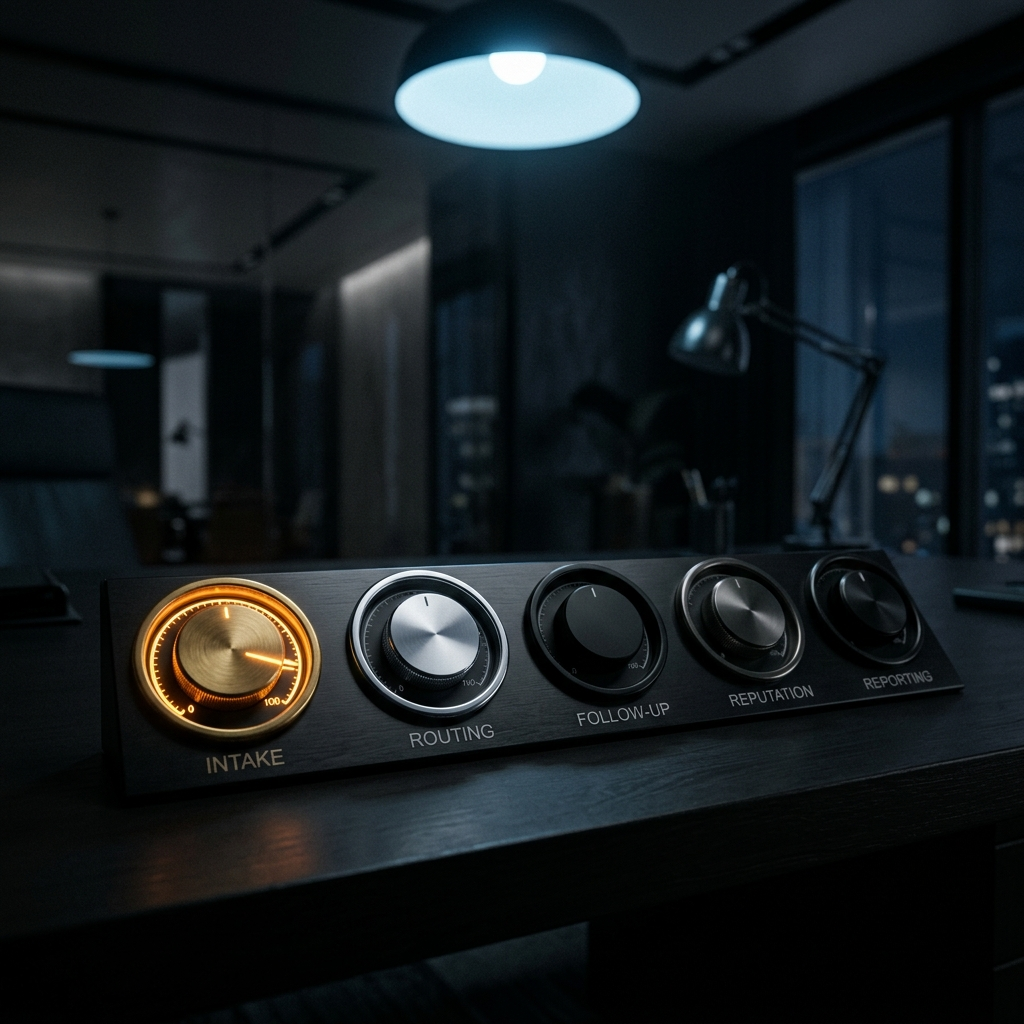 Five physical dials on a dark executive desk , labeled INTAKE, ROUTING, FOLLOW-UP, REPUTATION, REPORTING , with only the INTAKE dial glowing amber at maximum, the other four dark and at zero, representing how most service businesses have activated only one of the five AI Business OS layers