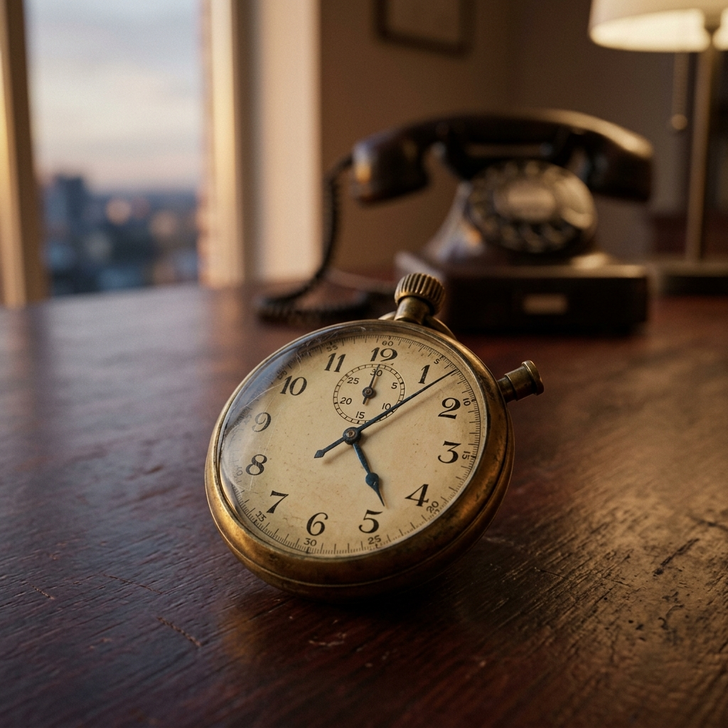 Vintage brass stopwatch on a dark mahogany desk, second hand mid-sweep past the five-minute mark, a classic telephone blurred in the background at dusk — the window is open, it is closing