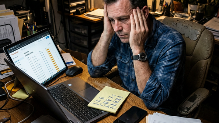 A service business owner sitting head-in-hands at a cluttered desk, laptop showing a lead marketplace with dozens of unread leads, tally marks on a sticky note, cold coffee and a stack of follow-up printouts beside him