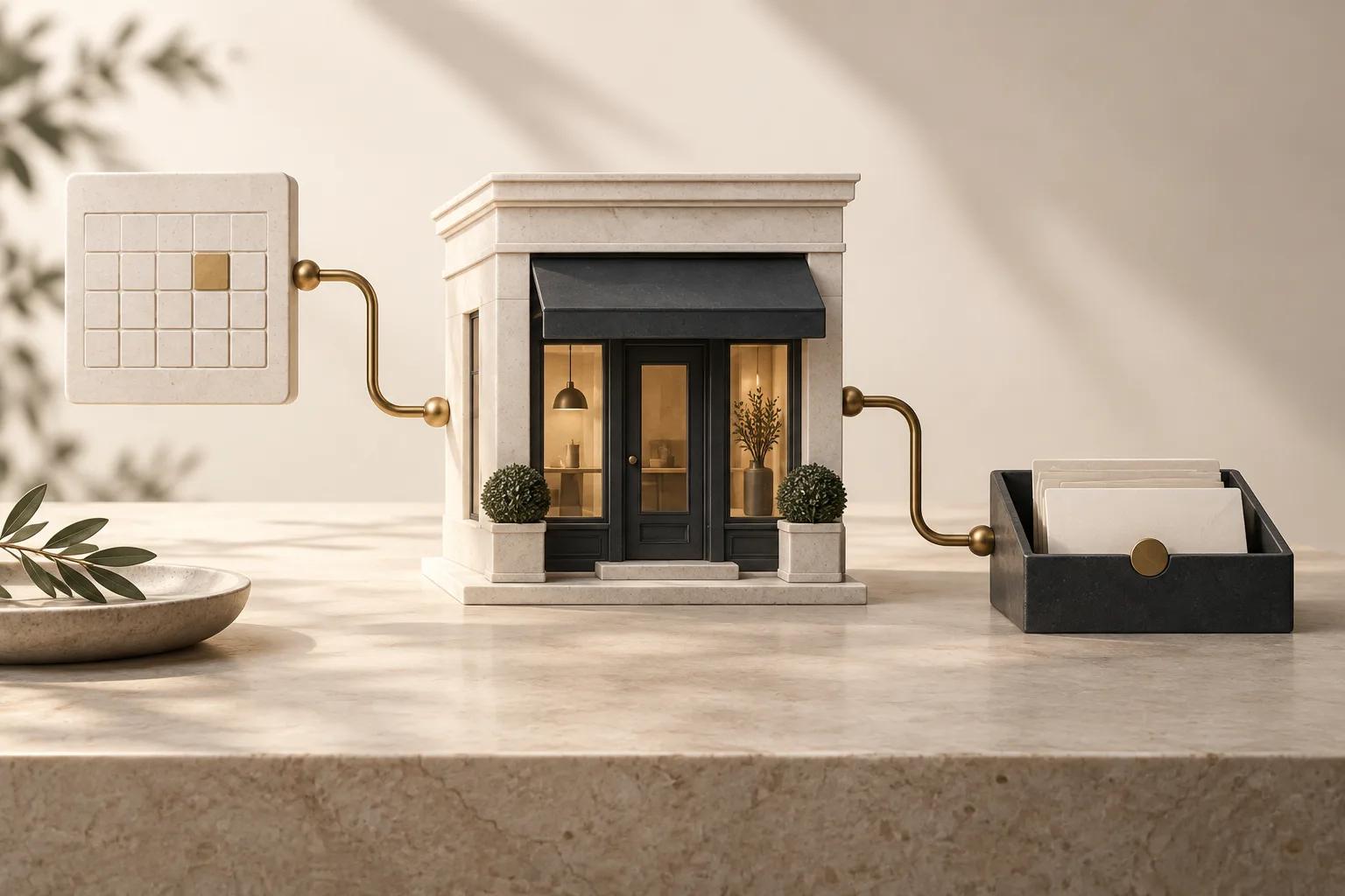 An ivory storefront linked to a calendar and inquiry tray, illustrating a connected business website.