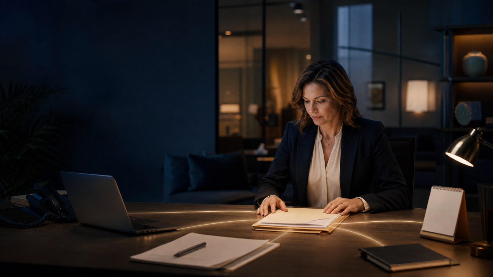 Operations leader reviewing a unified customer intake record as phone, calendar, and digital inquiry paths converge across a professional desk