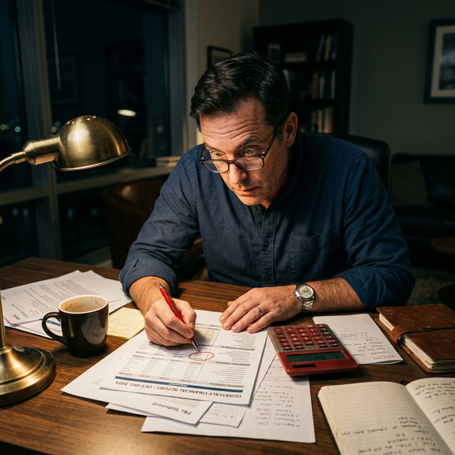 A business owner with reading glasses leans over a desk at night, red pen circling a number on a Quarterly Financial P&L report, calculator beside him, expression of dawning realization