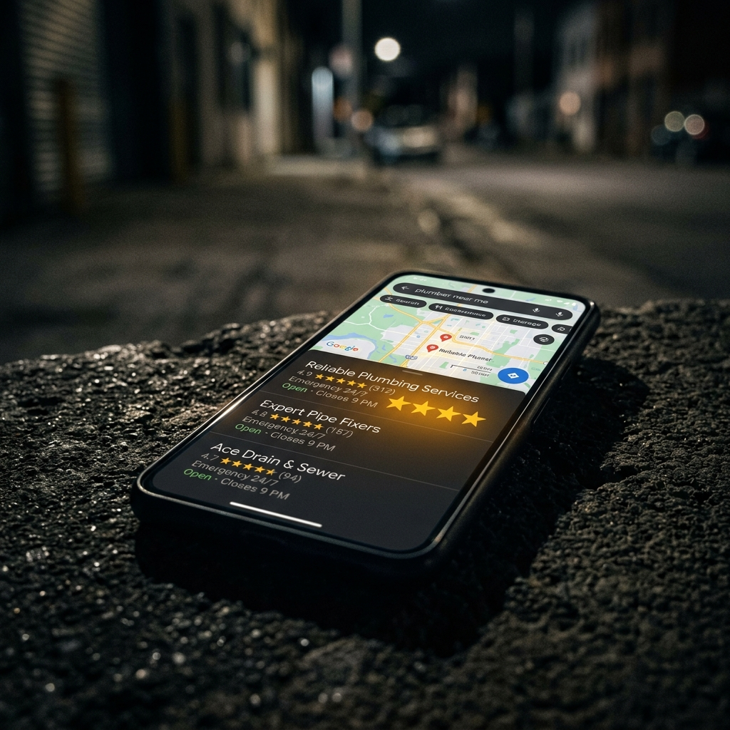 A smartphone on dark concrete at night showing Google Maps search results for "plumber near me" with three competitors listed: 4.9 stars 312 reviews, 4.8 stars 187 reviews, 4.7 stars 94 reviews. The gold star glow reflects on the wet concrete. The question this raises: where does your business rank?
