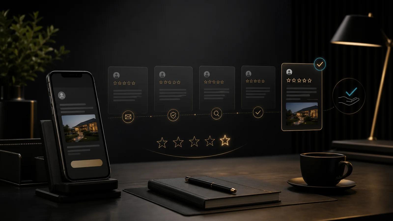 A controlled customer review workflow on a premium dark workspace, with genuine feedback cards, a review request on a phone, and human approval cues