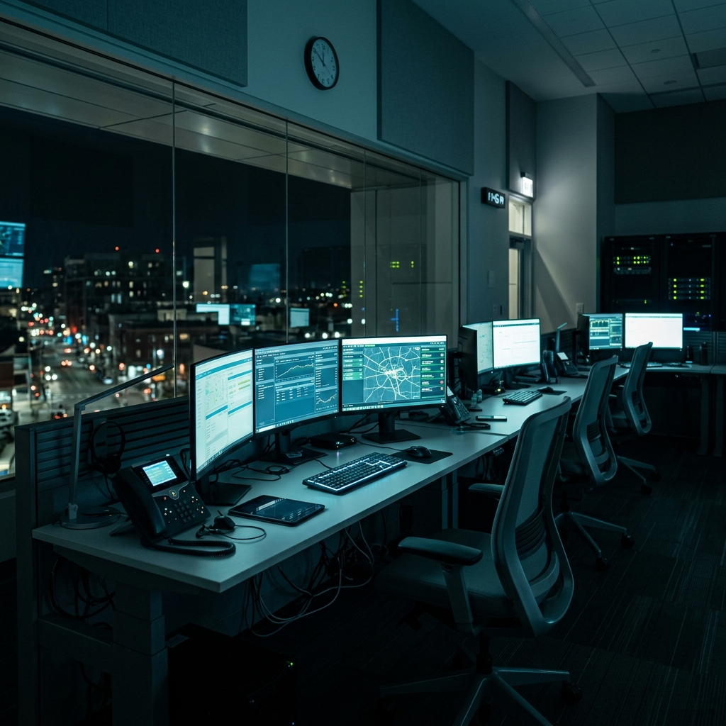 Service business operations and dispatch area at night with multiple computer screens glowing showing dispatch software maps and data, organized phone systems visible, empty chairs, communicating a business running efficiently through automated systems without requiring staff to be present